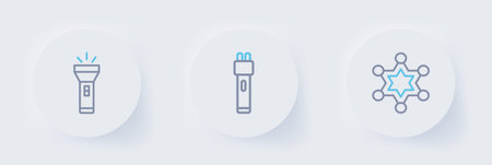 Set line Hexagram sheriff Police electric shocker and Flashlight icon. Vector.のイラスト素材