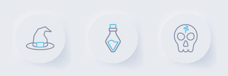 Set line Skull Bottle with potion and Witch hat icon. Vector.のイラスト素材
