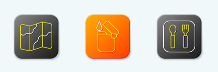 Set line Camping and hiking on map, Lighter and Fork spoon icon. Vector.