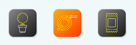 Set line Flower in pot, Garden hose or fire hose and Fertilizer bag icon. Vector.のイラスト素材