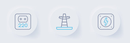 Set line Lightning bolt, Electric tower line and Electrical outlet icon. Vector.のイラスト素材