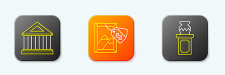 Set line Museum building, Auction painting and ancient vase icon. Vector.