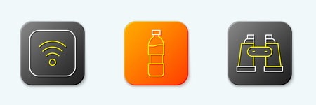 Set line Wi-Fi wireless internet, Bottle of water and Binoculars icon. Vector.
