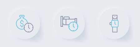 Set line Wrist watch, Time to sleep and money icon. Vector.のイラスト素材