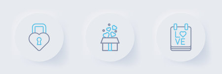 Set line Calendar with February 14, Gift box hearts and Castle in the shape of icon. Vector.のイラスト素材