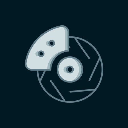 Line Car brake disk with caliper icon isolated on black background. Flat filled outline style with shadow. Vector.のイラスト素材