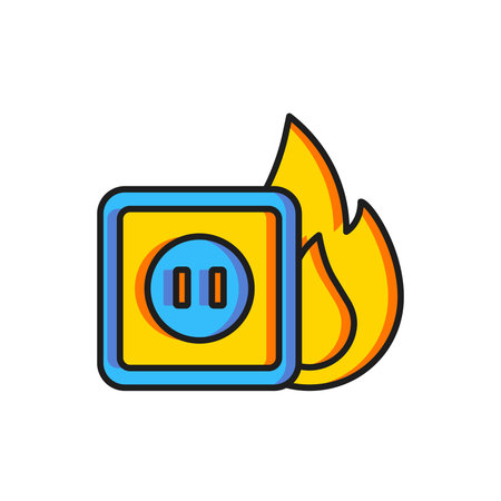 Color Electric wiring of socket in fire icon isolated on white background. Electrical safety concept. Plug outlet on fire. Flat filled outline style with shadow. Vector.のイラスト素材