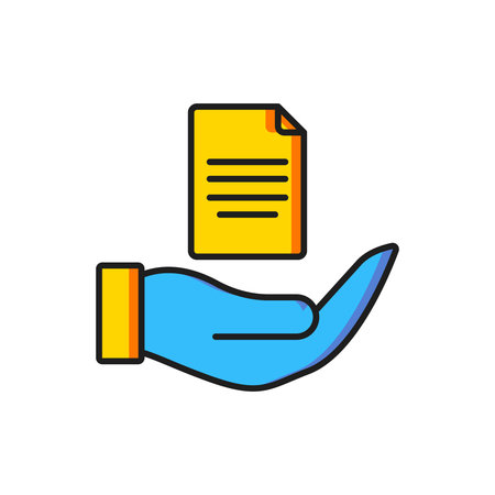 Color Contract in hand icon isolated on white background. Insurance concept. Security, safety, protection, protect concept. Flat filled outline style with shadow. Vector.のイラスト素材