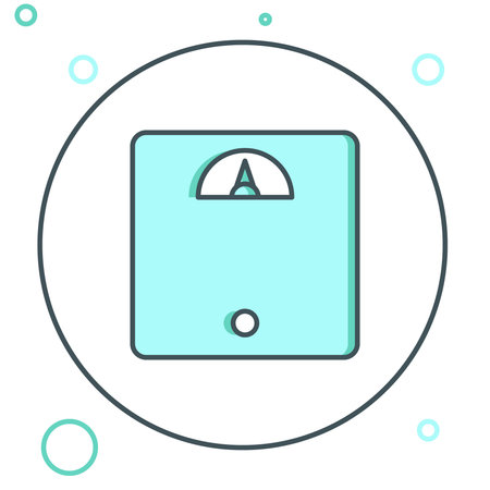 Line Bathroom scales icon isolated on white background. Weight measure Equipment. Weight Scale fitness sport concept. Colorful outline concept. Vector.のイラスト素材