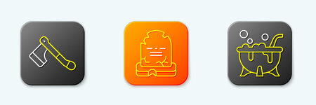 Set line Wooden ax Tombstone with RIP written and Halloween witch cauldron icon. Vector.のイラスト素材