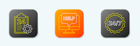 Set line Checklist with 24 hours service, Computer monitor and help and Clock icon. Vector.