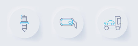 Set line Car transporter truck rearview mirror and spark plug icon. Vector.のイラスト素材