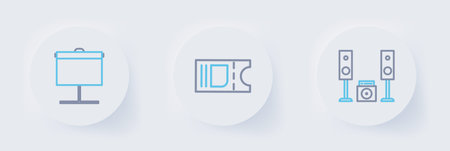 Set line Home stereo with two speakers, Cinema ticket and Projection screen icon. Vector.のイラスト素材