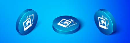 Isometric Photo frame icon isolated on blue background. Vintage empty photos frame. Blue circle...