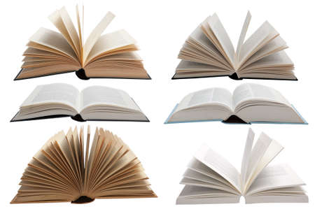 Six different books in an open position against a white background