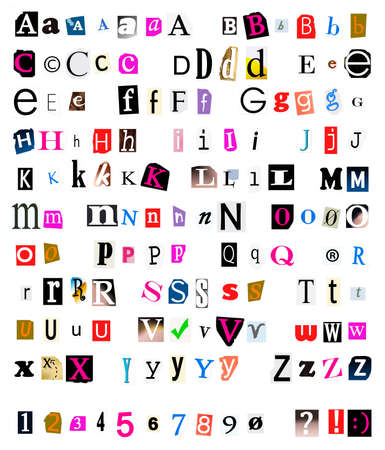 Different kinds of cut and torn out  font from magazines and papers as often used in ransom notes.の写真素材