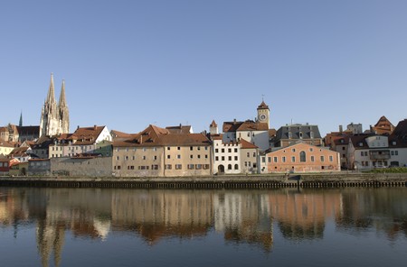 a panorama of german town Regensburg with the historical and old kathedralの写真素材