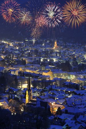 famous town garmisch-partenkirchen in germany at new year with fireworkの写真素材