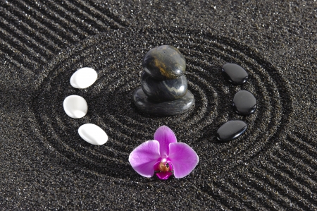 Japanese ZEN garden in sand with stacked stones and orchid flowerの写真素材
