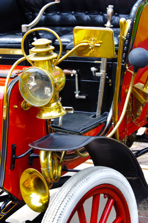LANDSBERG, GERMANY - JULY 12, 2014: Public oldtimer rally in Bavarian city Landsberg for at least 80 years old veteran cars with a detail view of an antique carのeditorial素材