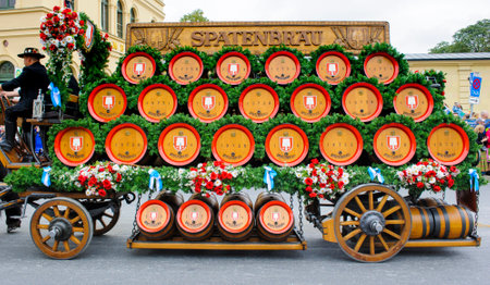 Munich, Germany -  September 20, 2015:  The Oktoberfest is the world biggest beer festival and at the opening parade with rd. 9000 participants take part in historical costumes, music bands and horses.のeditorial素材