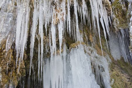 panorama scene with ice and snow at river in Bavaria, Germanyの写真素材