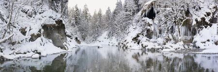 panorama scene with ice and snow at river in Bavaria, Germany