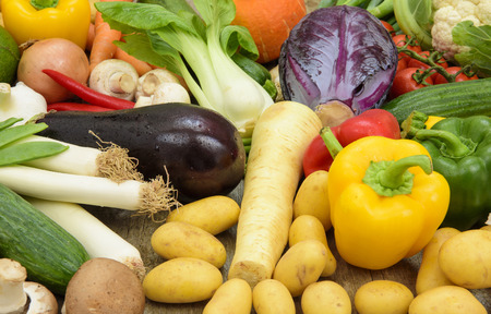 an arrangement of fresh vegetable fruits from market