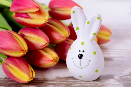 bunch of colorful tulips with easter bunnyの写真素材