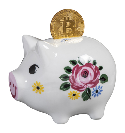 cryptocurrency bitcoin laying on piggy bankの写真素材