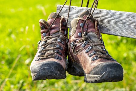 hiking boots after walking tourの写真素材