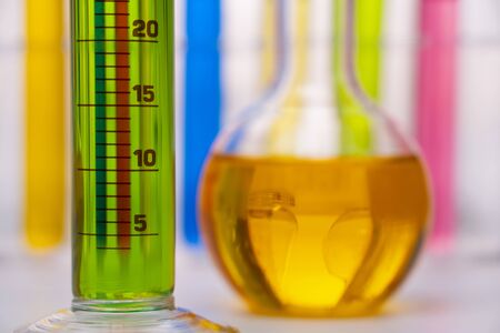 coloured liquid in test tubes in the chemical laboratoryの写真素材
