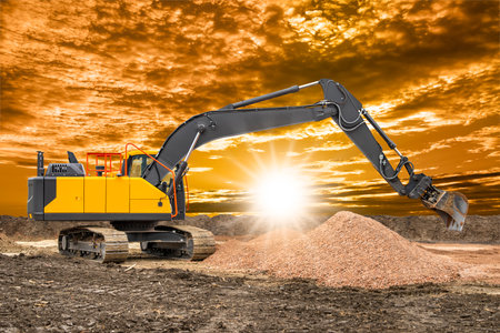 excavator is digging at construction siteの写真素材