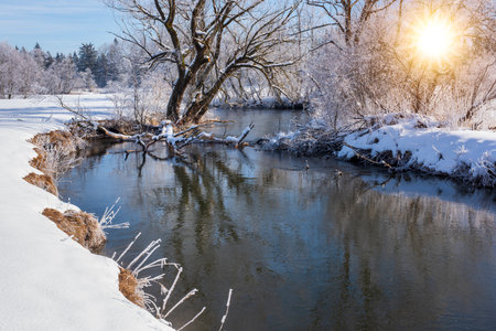 panoramic winter landscape with mountain range and snowの写真素材