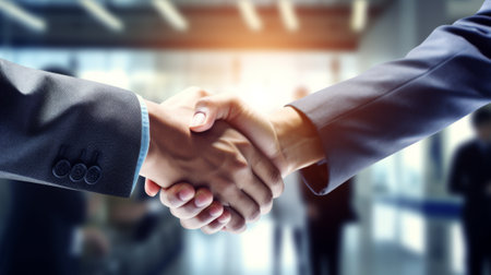 two businessman shaking hand in modern officeの素材