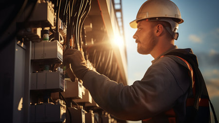 Electrician and technician working on electrical hardwareの素材