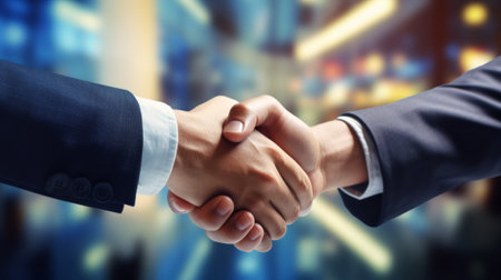 two businessman shaking hand in modern officeの素材