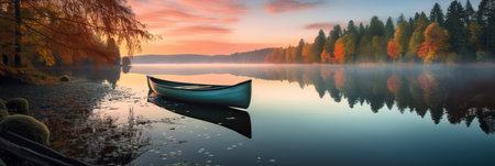 A peaceful sunset scene on a calm lake with reflections and a rowing boatの素材