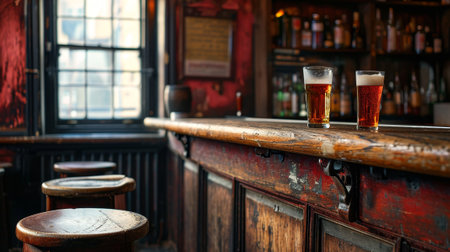 glass of lager beer stands at the bar in an old english or irish pubの素材
