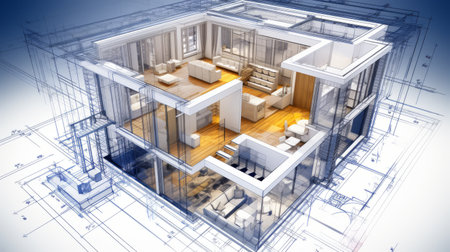 architecture of a 3d model house project with blueprintの素材