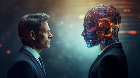 human person meets AI-robot in confrontation and communicationの素材