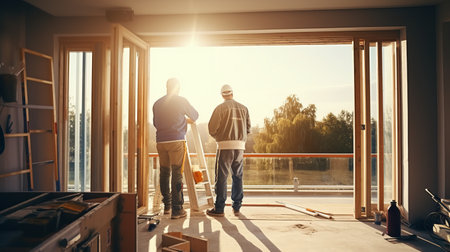 craftsman and carpenter working at construction site of new houseの素材