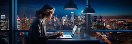 CEO female manager sits in front of the desk in her office looking at the panorama of the illuminated skyline of a large city at nightの素材