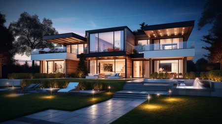 luxury villa illuminated in the eveningの素材