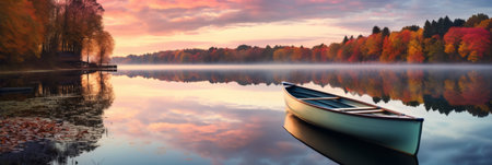 A peaceful sunset scene on a calm lake with reflections and a rowing boatの素材