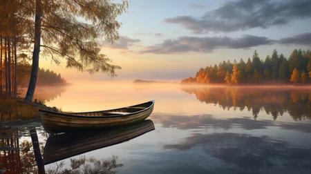 A peaceful sunset scene on a calm lake with reflections and a rowing boatの素材