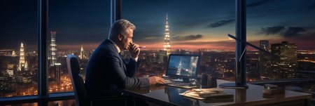 CEO manager sits in front of his desk in his office looking at the panorama of the illuminated skyline of a large city at nightの素材