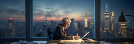 CEO manager sits in front of his desk in his office looking at the panorama of the illuminated skyline of a large city at nightの素材