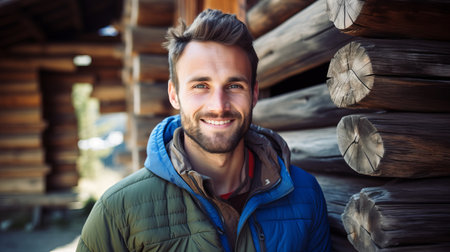portrait of attractive middle aged man in sportive outfit, hiking outdoor in the mountainsの素材
