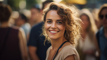 Happy and pretty woman stands in crowd and laughsの素材